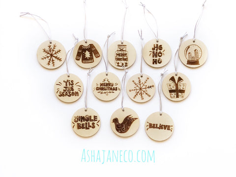 Asha Jane & Co Laser Cut and Engraved Christmas Bauble Gift Tag Set Small Wood